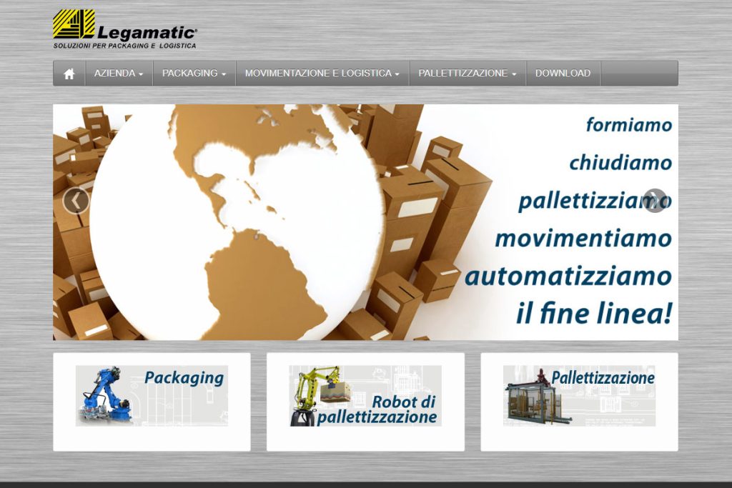Homepage sito web azienda Legamatic di Scandiano Reggio Emilia. Specializzata nella progettazione e produzione di sistemi per la movimentazione e il packaging industriale