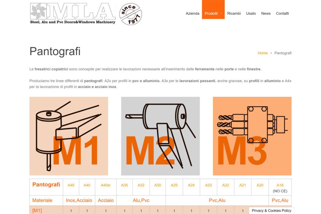 Screenshot pagina prodotti del sito web aziendale realizzato per l'azienda MLA Machinery di Carpi (MO)