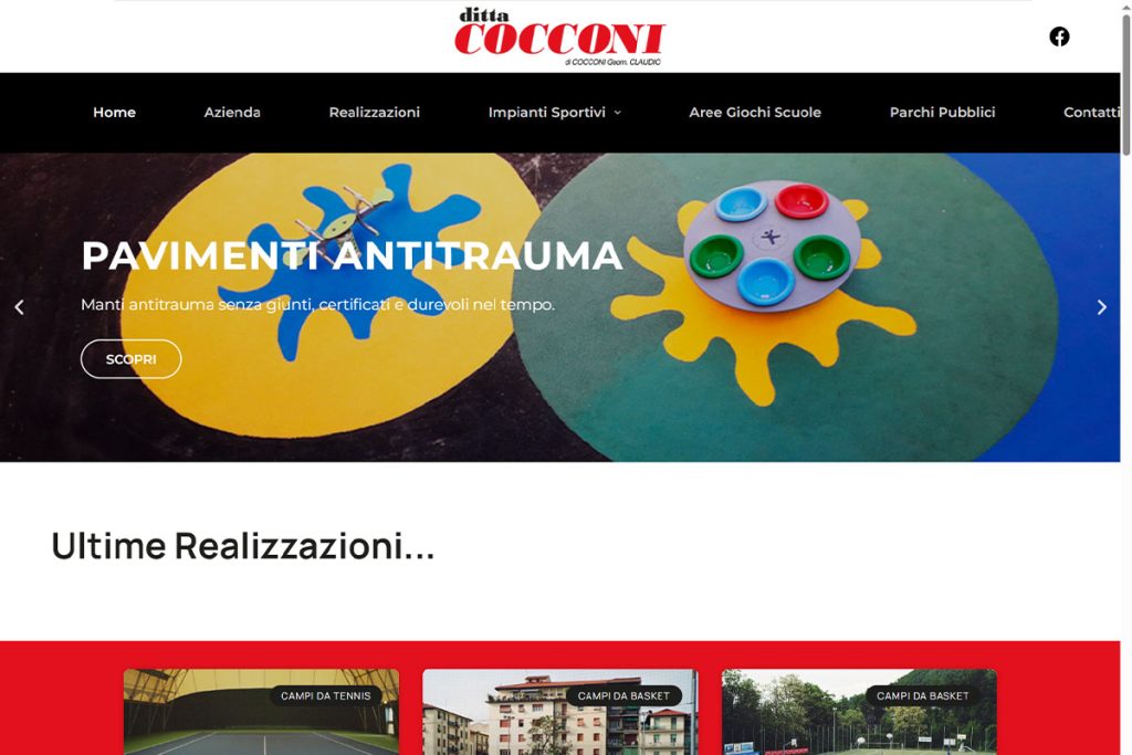 Immagine della homepage del nuovo sito web realizzato per il Geom. Claudio Cocconi di Novellara (RE), che si occupa di realizzare pavimentazioni sportive per campi da gioco di differenti sport