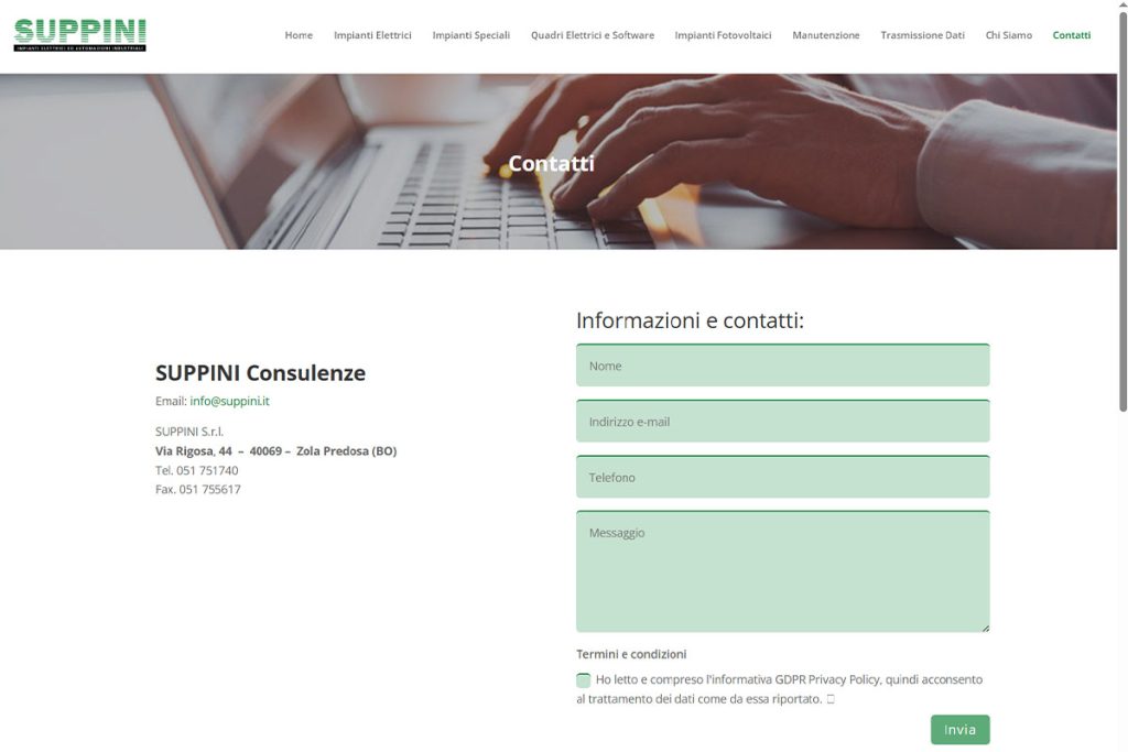 Pagina con contatti e form, sito web dell'azienda Suppini elettricisti industriali di Zola Predosa (BO)